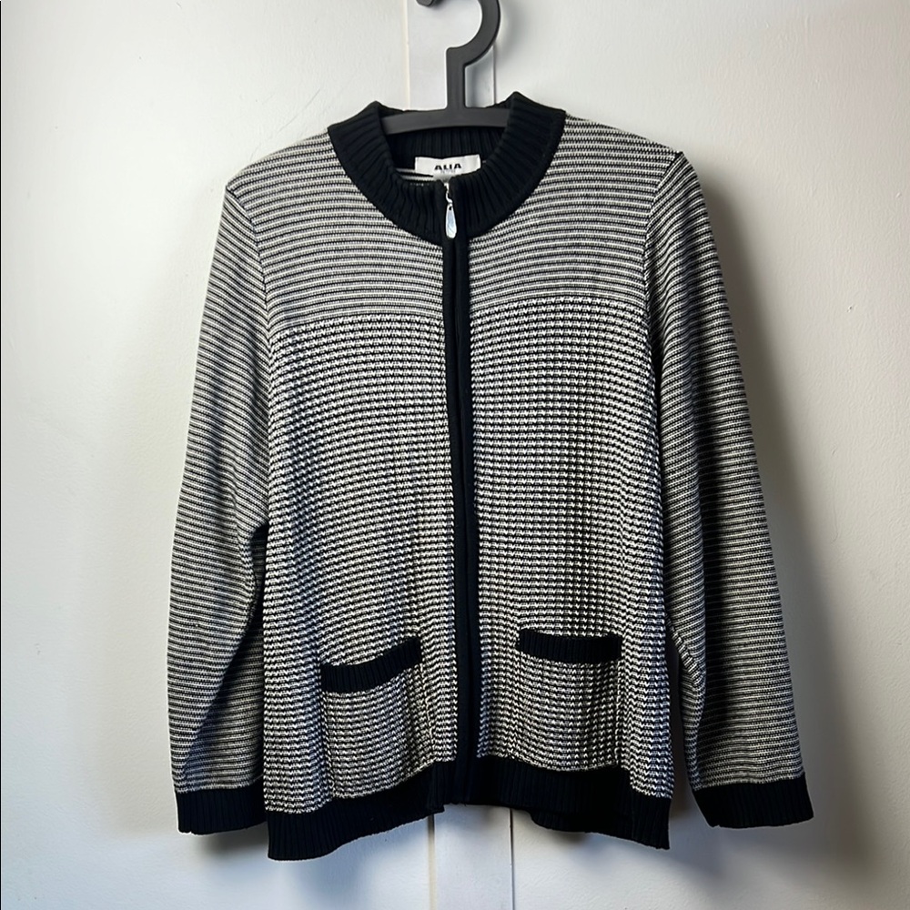 Alia Petite L Black White Striped Sweater Cardigan